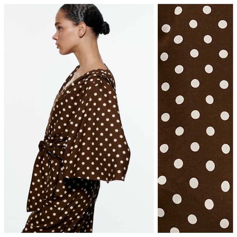 NWT. Zara Brown/Cream Polka Dots Crop Top with Bow. Size L. - Picture 5 of 12